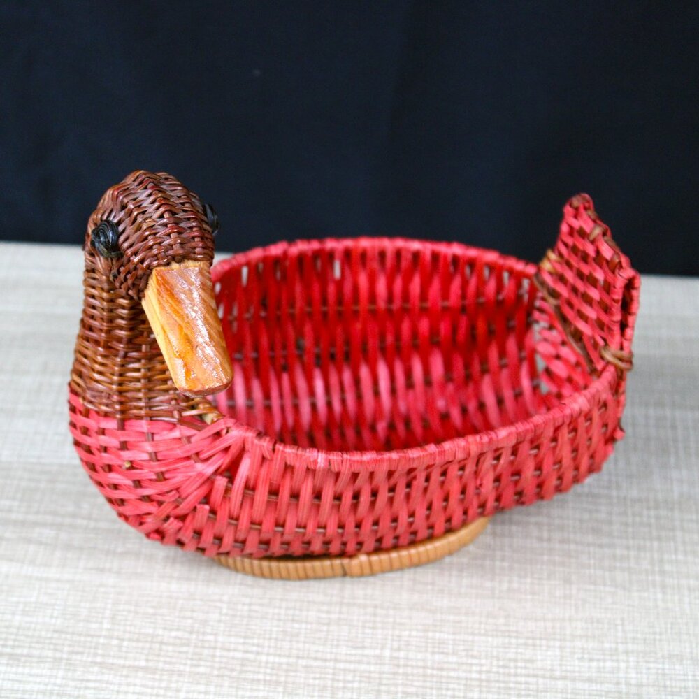 Vintage Red Woven Wicker Duck Wood Bill Rattan Basket Cottagecore Country